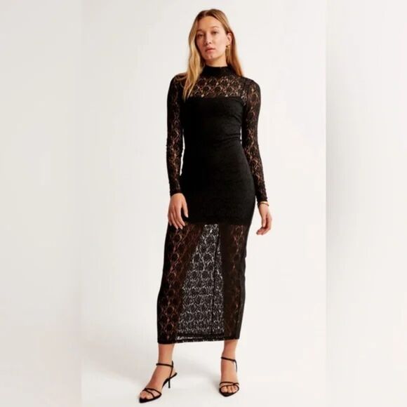 Abercrombie & Fitch Long Sleeve Lace Maxi Dress, Sz Small, Mock Neck Witchy Goth - Picture 1 of 11